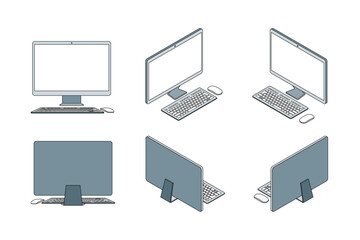 アイソメトリック図法で描いたデスクトップパソコンのイラストアイコンセット　黒ふち付き - obrazy, fototapety, plakaty
