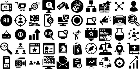 Mega Set Of Marketing Icons Collection Hand-Drawn Solid Vector Pictogram Infographic, Finance, Three-Dimensional, Automation Silhouette Vector Illustration