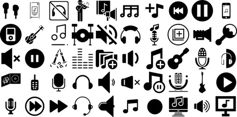 Mega Set Of Music Icons Pack Linear Cartoon Silhouettes Tool, Speaker, Entertainment, Singer Pictogram Isolated On White Background