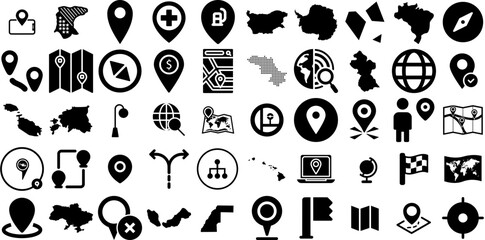 Massive Collection Of Map Icons Pack Hand-Drawn Isolated Infographic Signs Pointer, Orientation, Three-Dimensional, Mark Graphic Vector Illustration