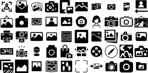 Huge Set Of Picture Icons Bundle Solid Infographic Clip Art Music, Photo Camera, Icon, Symbol Illustration Isolated On White Background - obrazy, fototapety, plakaty
