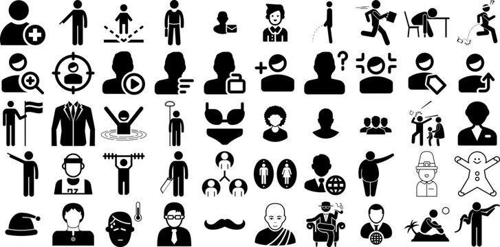 Big Set Of Man Icons Collection Flat Design Pictogram Profile, Carrying, Silhouette, Workwear Doodle Isolated On White