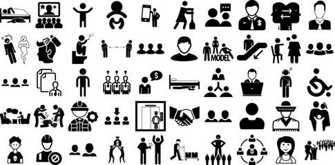 Huge Set Of People Icons Bundle Hand-Drawn Solid Infographic Silhouette People, Counseling, Profile, Silhouette Pictogram Isolated On White Background