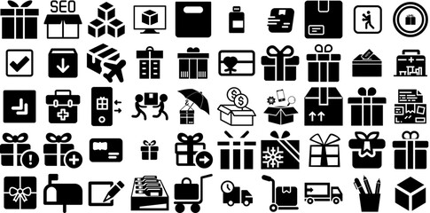 Huge Set Of Box Icons Pack Hand-Drawn Linear Concept Pictograms Carousel, Checkbox, Three-Dimensional, Tool Illustration Isolated On Transparent Background