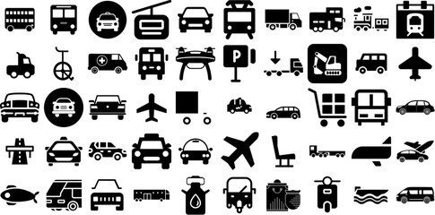 Huge Set Of Transportation Icons Collection Solid Design Signs Bus, Global, Funicular, Set Silhouettes For Computer And Mobile