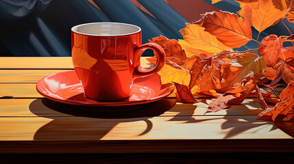 Autumn composition with workspace with blank notebook, pencil, red cup of coffee. Generative Ai