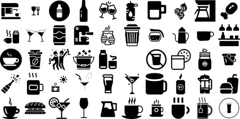 Mega Collection Of Drink Icons Set Hand-Drawn Linear Concept Pictogram Sweet, Set, Milk, Infographic Pictograph Isolated On Transparent Background