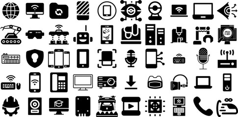 Mega Collection Of Technology Icons Bundle Solid Concept Glyphs Illumination, Printing, Coin, Tool Element Vector Illustration
