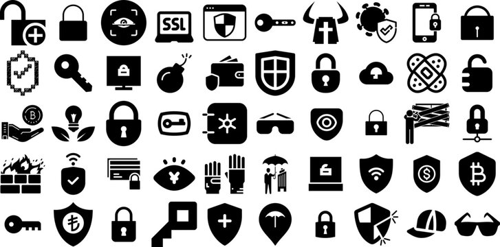Massive Set Of Protection Icons Collection Hand-Drawn Isolated Infographic Clip Art Mark, Health, Set, Optical Doodles For Computer And Mobile