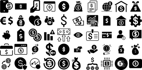 Big Collection Of Dollar Icons Pack Solid Concept Elements Coin, Icon, Cheap, Finance Graphic Isolated On White