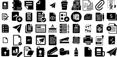Mega Set Of Paper Icons Pack Hand-Drawn Linear Infographic Elements Page, Printing, Finance, Set Glyphs Vector Illustration - obrazy, fototapety, plakaty