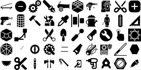 Huge Set Of Tool Icons Bundle Hand-Drawn Solid Design Web Icon Trimming, Set, Tool, Engineering Glyphs Isolated On Transparent Background