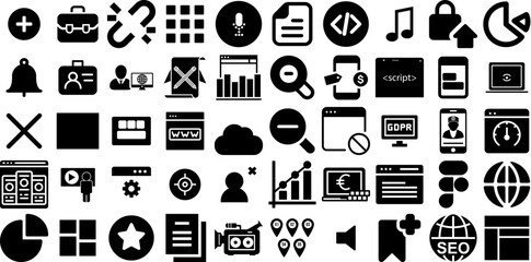Mega Collection Of Web Icons Set Black Infographic Silhouettes Silhouette, Mark, Court, People Graphic Isolated On White Background - obrazy, fototapety, plakaty