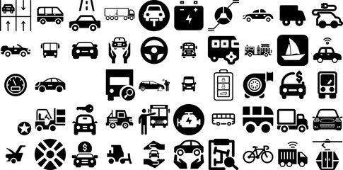 Huge Collection Of Vehicle Icons Pack Hand-Drawn Solid Cartoon Pictograms Holiday Maker, Icon, Coin, Wheel Logotype Isolated On White Background