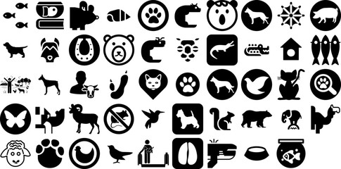 Mega Set Of Animals Icons Pack Hand-Drawn Black Concept Silhouette Outline, Goose, Animals, Icon Buttons For Computer And Mobile