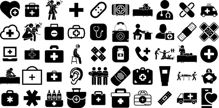 Massive Collection Of Aid Icons Bundle Hand-Drawn Linear Cartoon Web Icon Badge, Icon, Symbol, Health Doodle For Computer And Mobile
