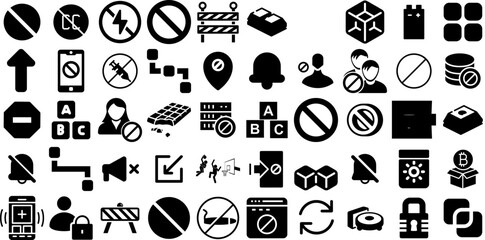Mega Collection Of Block Icons Pack Solid Drawing Pictogram Circle, Construction, Icon, Cross Out Doodles Isolated On White Background