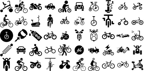 Mega Collection Of Bike Icons Collection Black Design Silhouettes Icon, Symbol, Silhouette, Wheel Glyphs Isolated On White Background