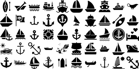 Mega Set Of Boat Icons Bundle Hand-Drawn Isolated Simple Symbols Icon, Yacht, Wrapping, Silhouette Symbol Vector Illustration