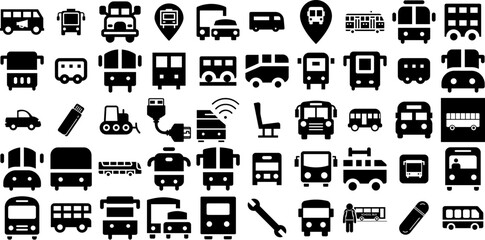 Massive Set Of Bus Icons Set Hand-Drawn Isolated Simple Silhouette Holiday Maker, Business, Icon, Symbol Doodles Isolated On Transparent Background