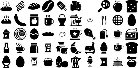 Massive Collection Of Breakfast Icons Bundle Solid Concept Symbols Bakery, Set, Burger, Icon Doodles For Computer And Mobile
