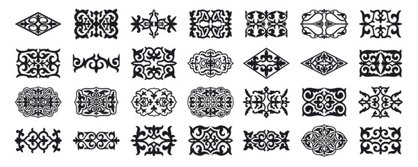 Fototapeta na wymiar Set of 16 islamic black ornaments on background in vector. Asian new year gold decorative traditional oriental symbols. Circular ornamental arabic symbols. Abstract Asian elements of the Kazakhs