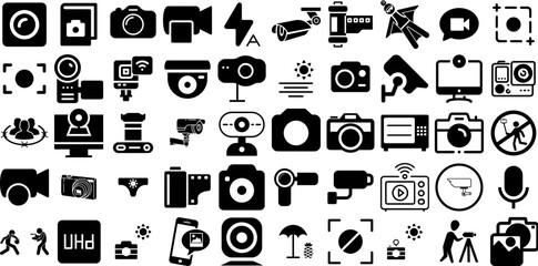 Big Set Of Camera Icons Bundle Linear Concept Clip Art Tool, Silhouette, Photo Camera, Camcorder Pictograms Vector Illustration