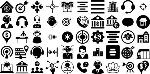 Huge Set Of Center Icons Set Flat Cartoon Silhouette Icon, Chat, Construction, People Silhouettes Isolated On White