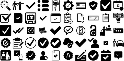 Massive Set Of Check Icons Pack Hand-Drawn Isolated Concept Pictogram Mark, Checkbox, Drawn, Certified Pictogram Isolated On White Background - obrazy, fototapety, plakaty