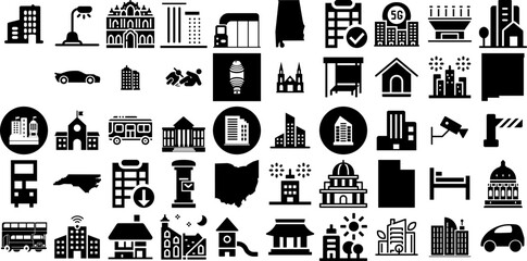 Big Collection Of City Icons Collection Black Cartoon Pictograms Municipal, Glyphs, Icon, Building Exterior Symbols For Apps And Websites - obrazy, fototapety, plakaty