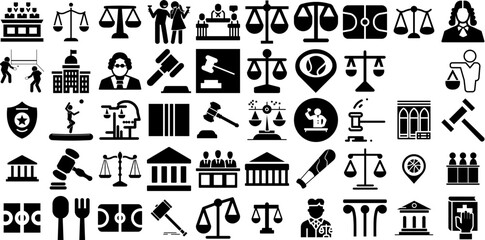Big Collection Of Court Icons Collection Hand-Drawn Black Concept Signs Law, Business, Justice, Icon Doodle Isolated On White Background - obrazy, fototapety, plakaty