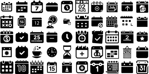 Massive Set Of Date Icons Bundle Solid Drawing Silhouette Icon, Calendar, Day, Select Elements Isolated On Transparent Background