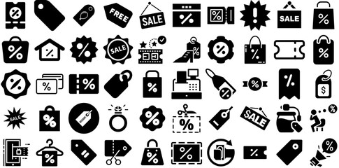 Mega Collection Of Discount Icons Bundle Flat Simple Glyphs Discount, Icon, Ribbon, Symbol Silhouettes Isolated On Transparent Background