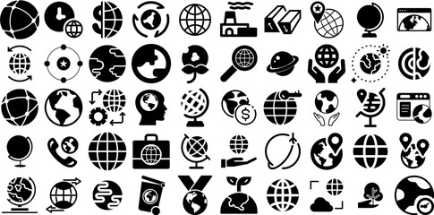 Big Collection Of Earth Icons Bundle Black Design Silhouette Global, Generator, Set, Silhouette Doodles Isolated On Transparent Background