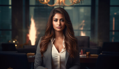 Close up of an Indian businesswoman with her workspace on the background. Generative AI