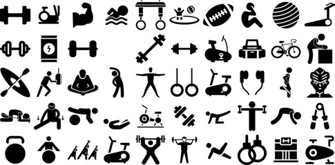 Big Set Of Exercise Icons Collection Hand-Drawn Isolated Infographic Pictograms Silhouette, Courage, Icon, Health Graphic For Computer And Mobile