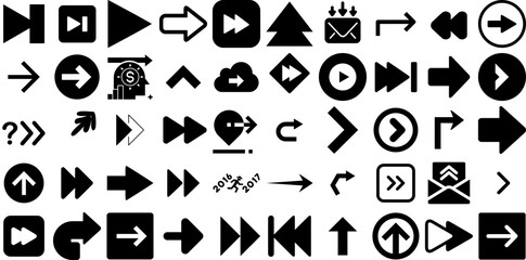 Huge Set Of Forward Icons Pack Hand-Drawn Linear Cartoon Silhouette Symbol, Previous, Icon, Skip Silhouettes Isolated On Transparent Background