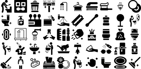 Big Set Of Hygiene Icons Pack Solid Infographic Glyphs Bathing, Icon, Health, Cleanse Glyphs Vector Illustration