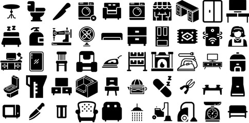Big Collection Of Household Icons Collection Solid Simple Silhouette Icon, Set, Tool, Appliance Logotype For Computer And Mobile