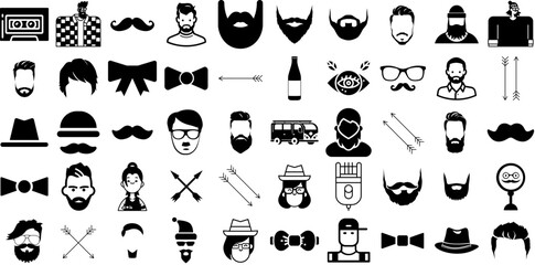 Mega Set Of Hipster Icons Collection Hand-Drawn Isolated Vector Pictogram Signs, Element, Hipster, Beard Silhouettes Isolated On Transparent Background