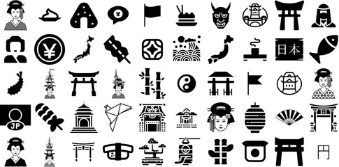Mega Set Of Japan Icons Bundle Hand-Drawn Solid Cartoon Elements Silhouette, Symbol, Icon, Regard Logotype For Computer And Mobile