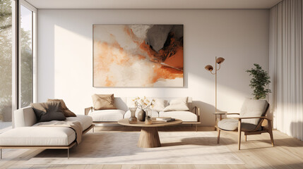 Stylish Living Room Interior with an Abstract Frame Poster, Modern interior design, 3D render, 3D illustration