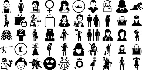 Huge Collection Of Lady Icons Set Hand-Drawn Black Cartoon Elements Female, Happy, Icon, Lady Signs Isolated On White Background