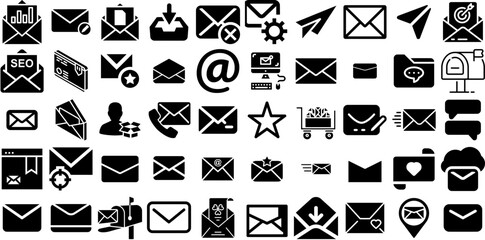 Big Set Of Mail Icons Set Hand-Drawn Isolated Vector Elements Steal, Correspondence, Finance, Mark Pictograms Isolated On Transparent Background