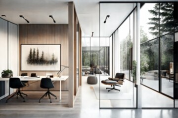 Naklejka na ściany i meble Conference office with chairs and big windows. Generative AI