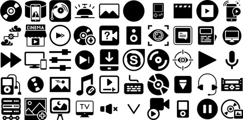 Big Collection Of Multimedia Icons Set Hand-Drawn Black Infographic Silhouettes Music, Icon, Symbol, Real Estate Pictograph For Apps And Websites