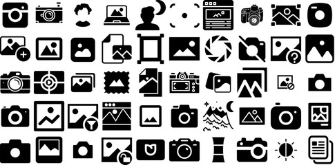 Huge Set Of Picture Icons Set Hand-Drawn Linear Modern Symbols Photo Camera, Icon, Symbol, Music Graphic Isolated On White Background
