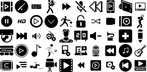 Big Set Of Player Icons Pack Linear Infographic Elements Badge, Mp3, Icon, Us Pictograph Isolated On Transparent Background