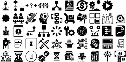 Massive Set Of Process Icons Collection Hand-Drawn Solid Modern Pictograms Icon, Algorithm, Optimization, Team Signs Isolated On White