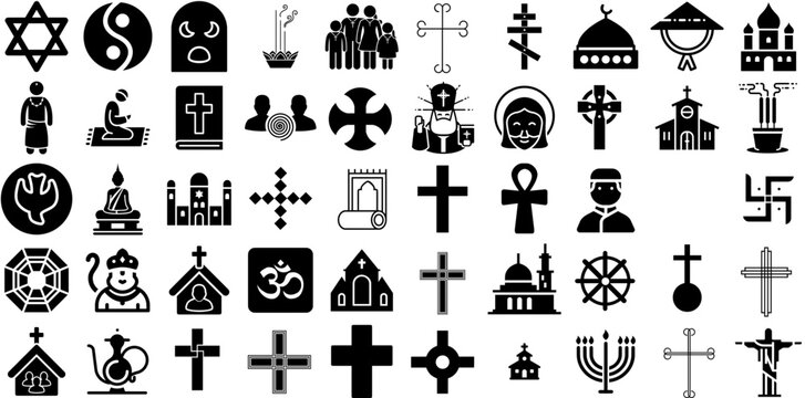Mega Set Of Religion Icons Collection Hand-Drawn Solid Cartoon Signs Religious, Festival, Icon, Church Symbol Isolated On Transparent Background
